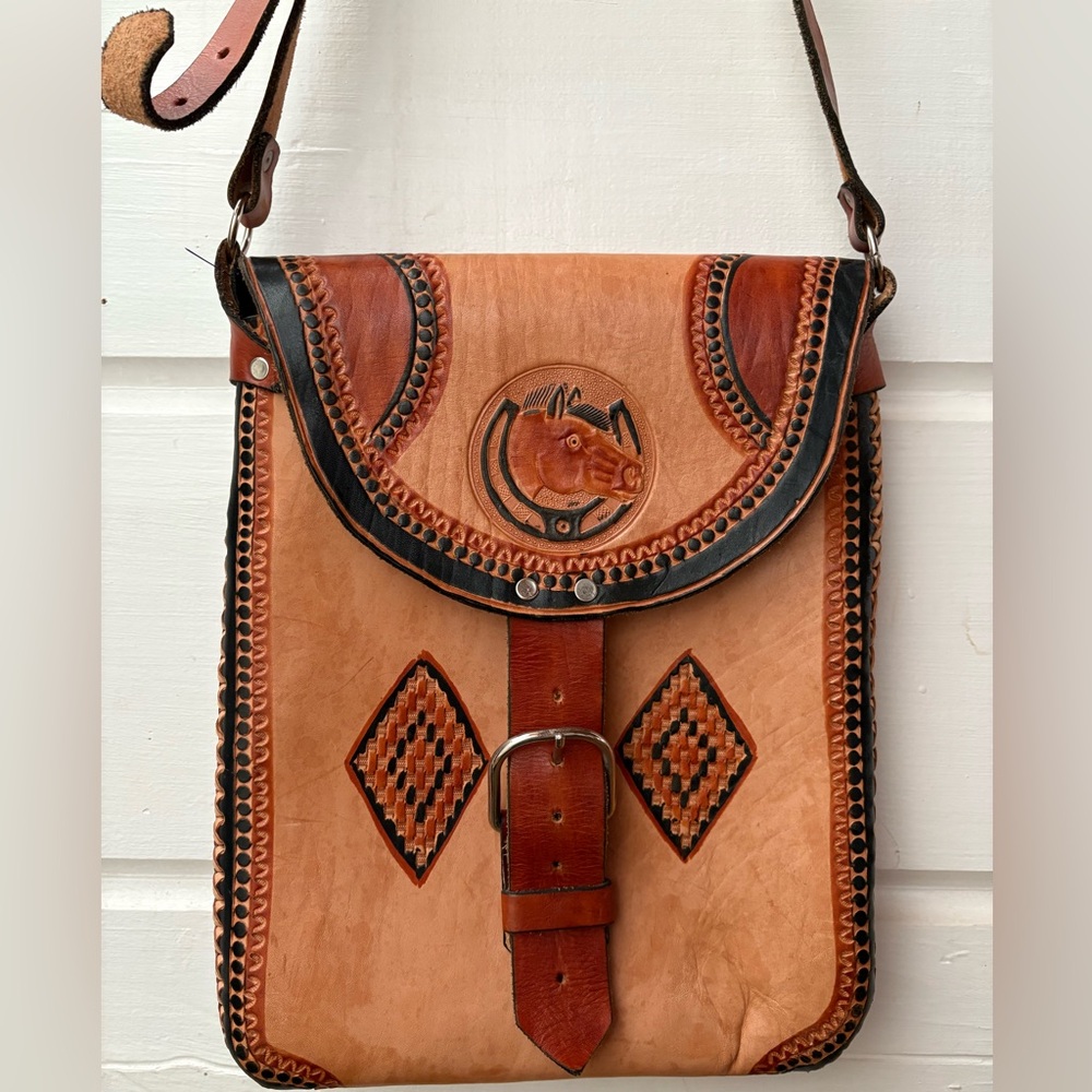 Vintage 60s 70s Handcrafted Tan Leather Saddle Bag Large
